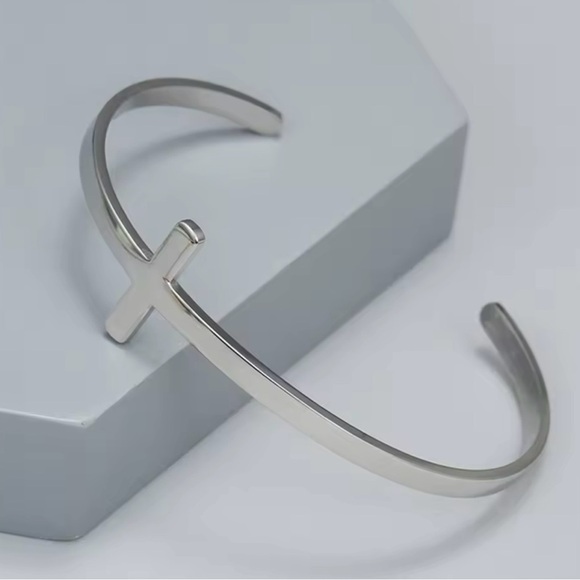 Cross Stainless Steel Bangle Bracelet Geometry Open Cuff Bangle for Men - Picture 2 of 4